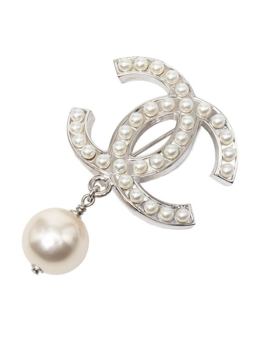 Chanel CC Logo Brooch Silver Metal Faux Pearl